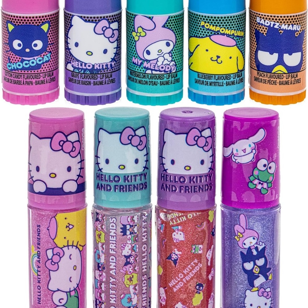 Hello Kitty & Friends Sanrio 9pc: 5 Pk Lip Balm & 4 Pk Lip Gloss Set w/bag